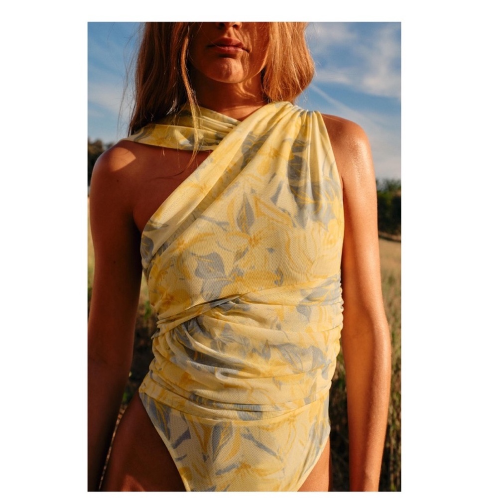 Zara Draped Tulle Asymmetrical Neckline Floral Bodysuit Small